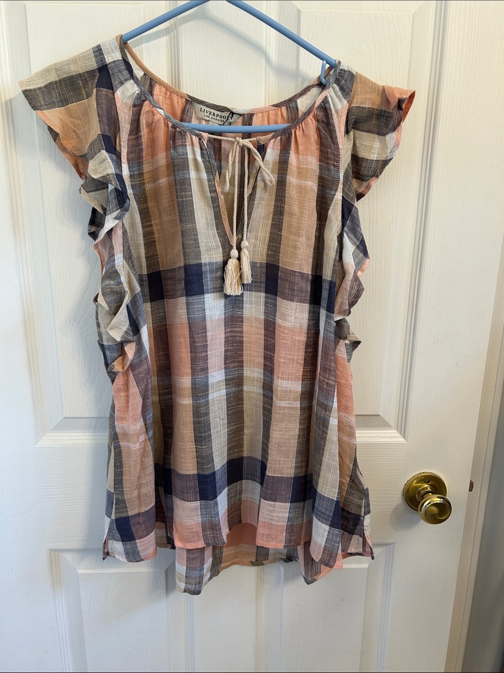 Liverpool Peach and Navy Plaid Ruffle Sleeve Blouse